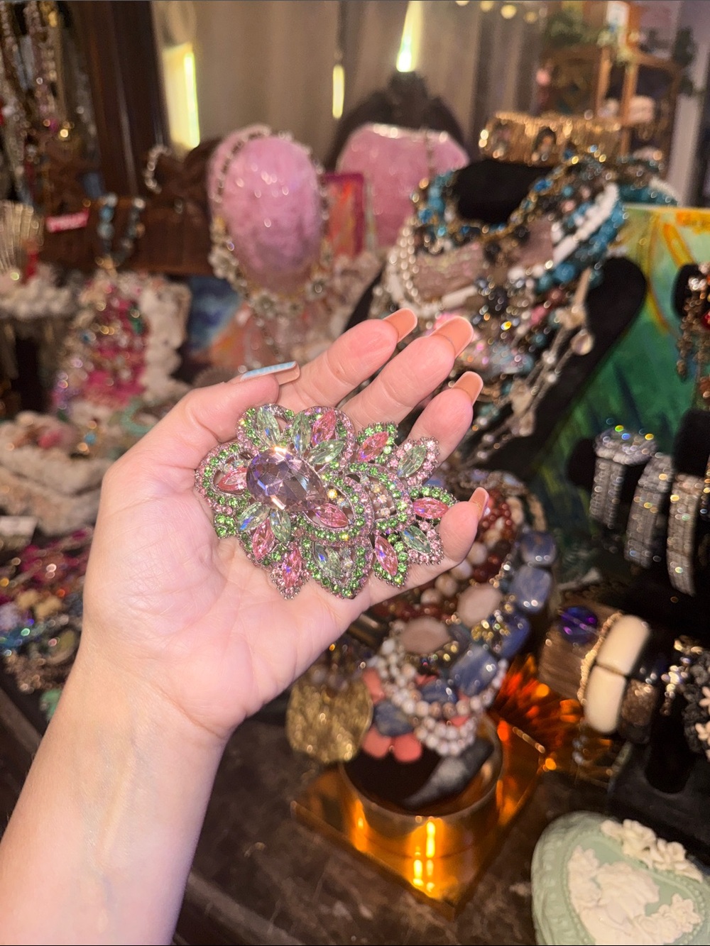 Pink and Green Crystal Floral Brooch - Women Jewelry